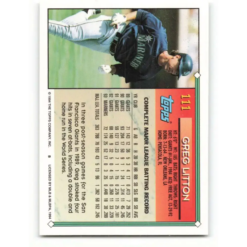 1994 Topps #111 Greg Litton EX Excellent Seattle Mariners Baseball Card - Baseball Card Single