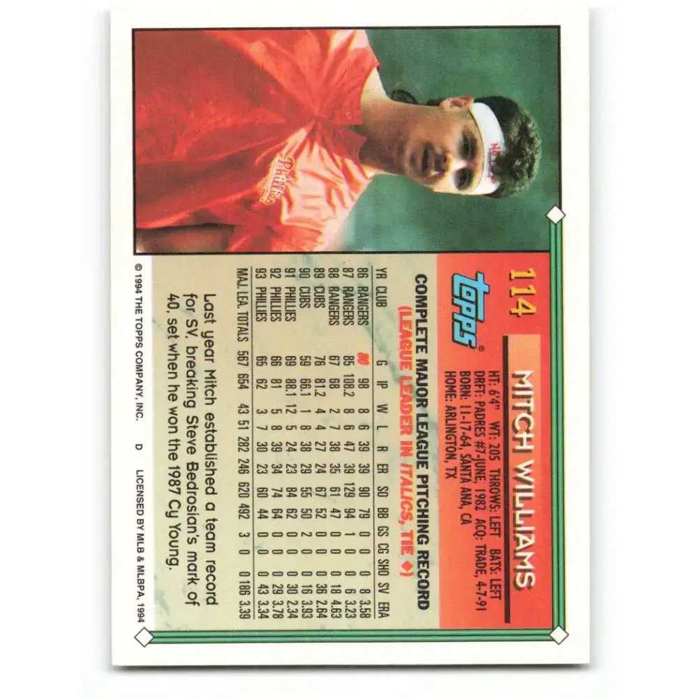 1994 Topps #114 Mitch Williams EX Excellent Philadelphia Phillies Baseball Card - Baseball Card Single