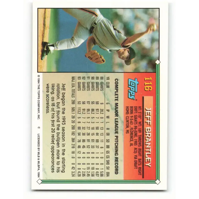 1994 Topps #116 Jeff Brantley EX Excellent San Francisco Giants Baseball Card - Baseball Card Single