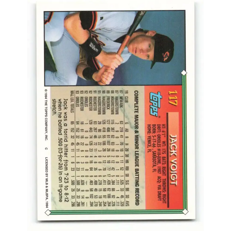 1994 Topps #117 Jack Voigt EX Excellent Baltimore Orioles Baseball Card - Baseball Card Single