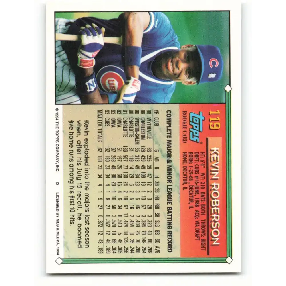 1994 Topps #119 Kevin Roberson EX Excellent Chicago Cubs Baseball Card - Baseball Card Single