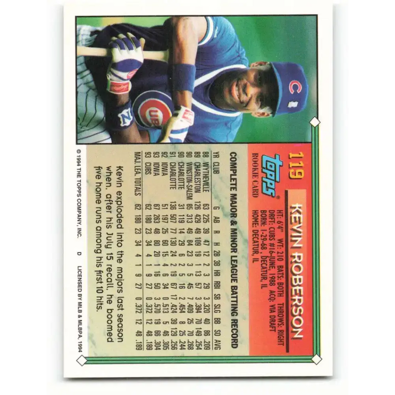 1994 Topps #119 Kevin Roberson EX Excellent Chicago Cubs Baseball Card - Baseball Card Single