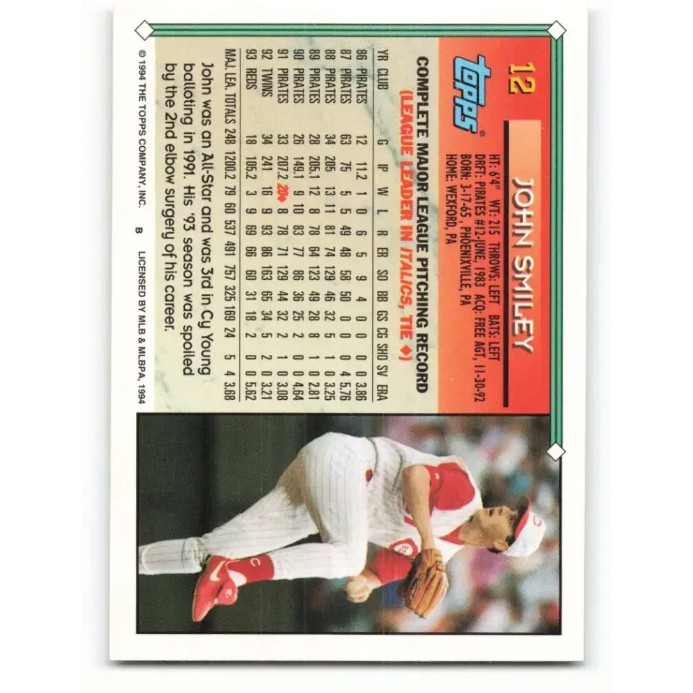 1994 Topps #12 John Smiley EX Excellent Cincinnati Reds Baseball Card - Baseball Card Single