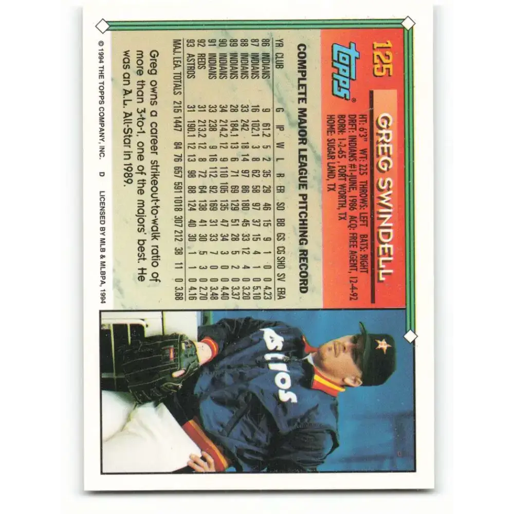 1994 Topps #125 Greg Swindell EX Excellent Houston Astros Baseball Card - Baseball Card Single