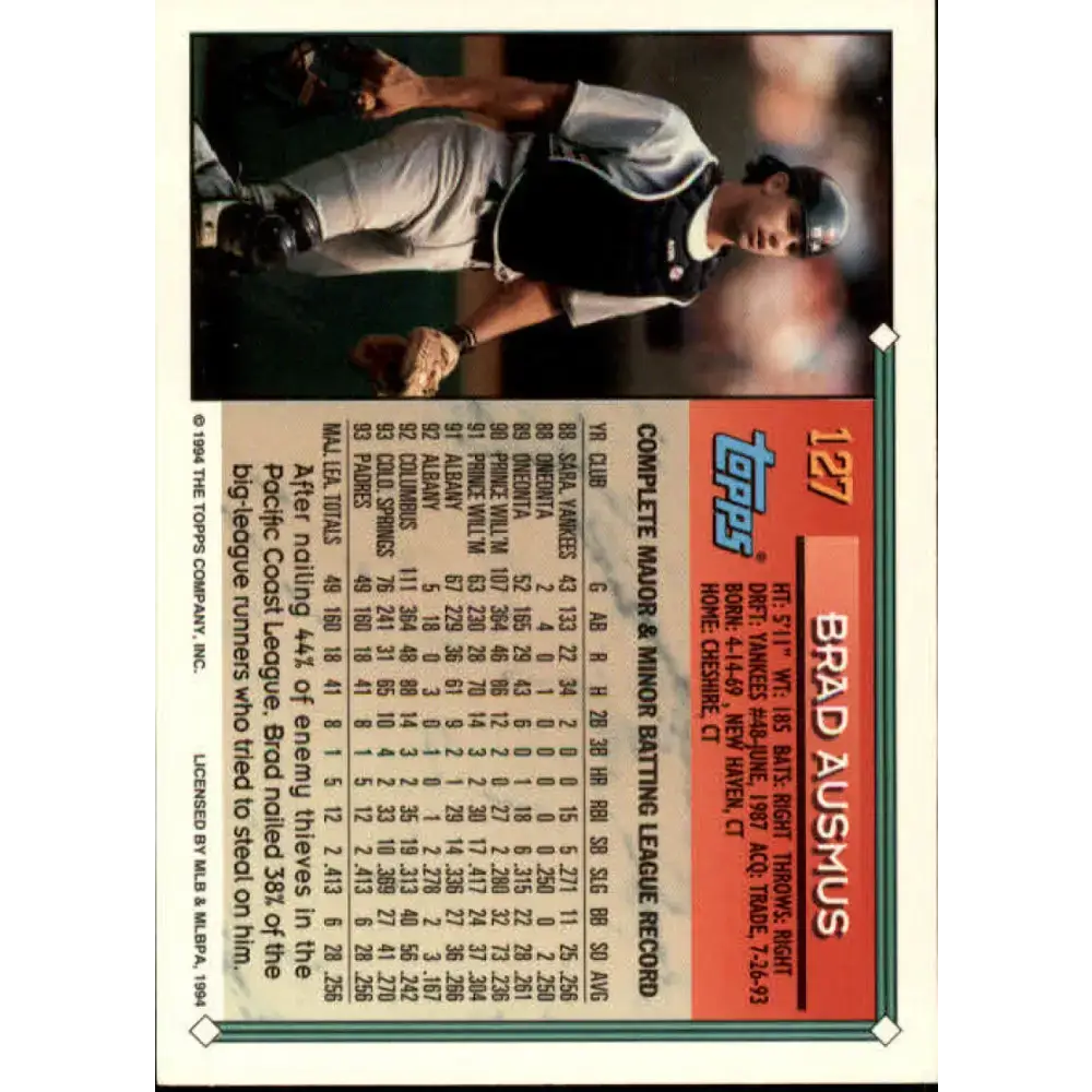 1994 Topps #127 Brad Ausmus EX Excellent San Diego Padres Baseball Card - Baseball Card Single