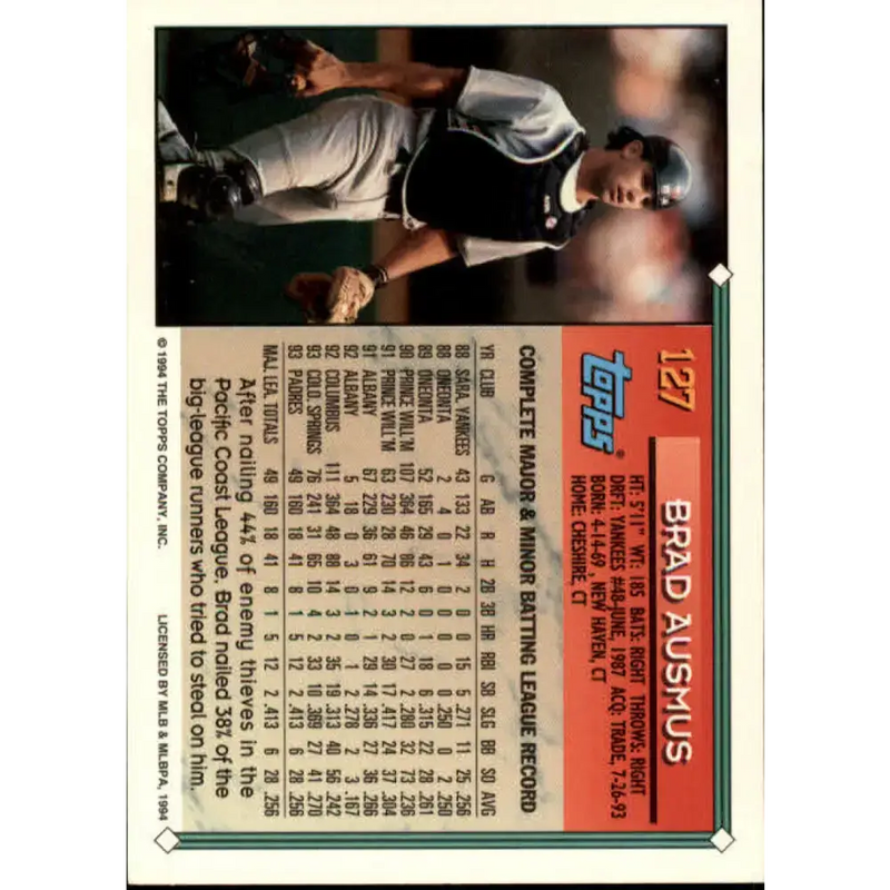 1994 Topps #127 Brad Ausmus EX Excellent San Diego Padres Baseball Card - Baseball Card Single