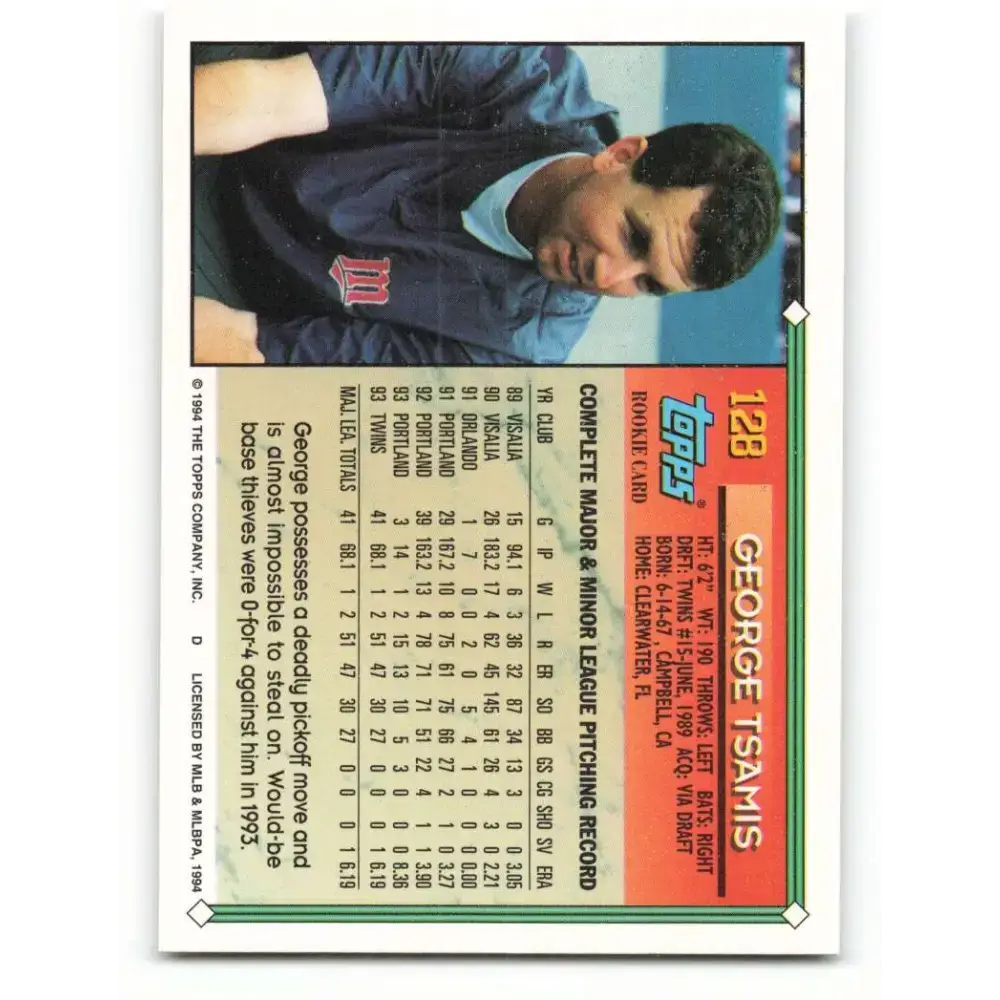 1994 Topps #128 George Tsamis EX Excellent Minnesota Twins Baseball Card - Baseball Card Single