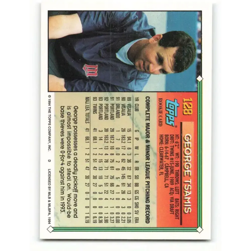 1994 Topps #128 George Tsamis EX Excellent Minnesota Twins Baseball Card - Baseball Card Single