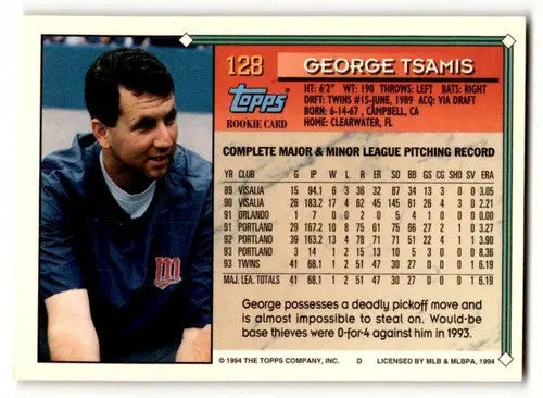 1994 Topps #128 George Tsamis Minnesota Twins Baseball Cards EX/NM ID:61660 - Baseball Card Single