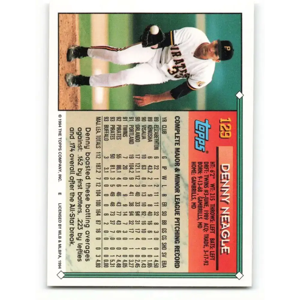 1994 Topps #129 Denny Neagle EX Excellent Pittsburgh Pirates Baseball Card - Baseball Card Single