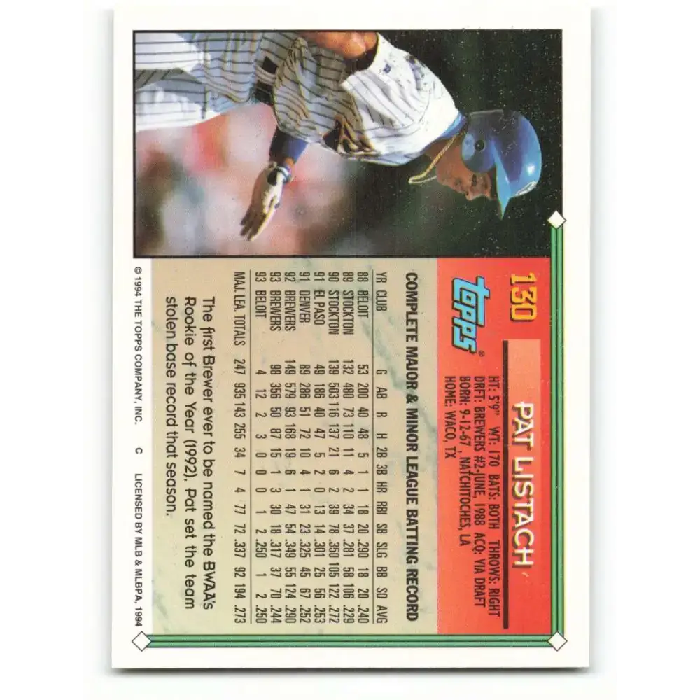 1994 Topps #130 Pat Listach EX Excellent Milwaukee Brewers Baseball Card - Baseball Card Single