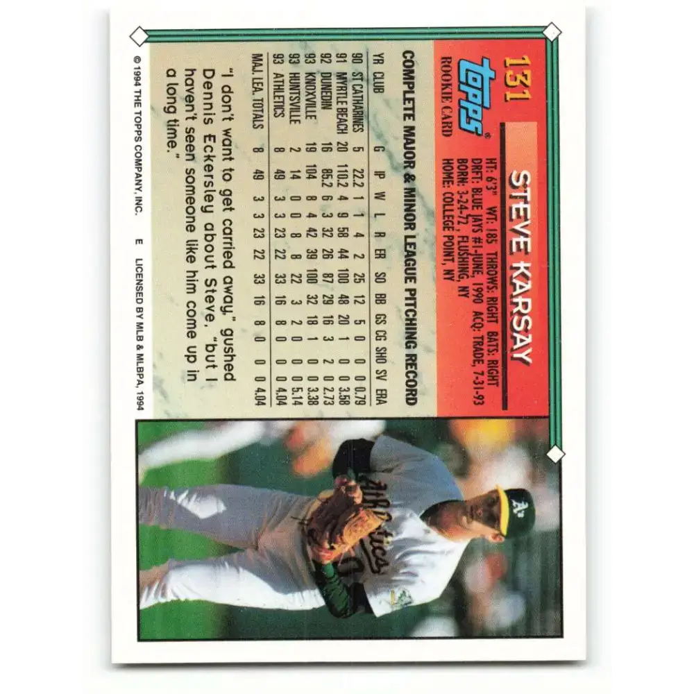1994 Topps #131 Steve Karsay EX Excellent Oakland Athletics Baseball Card - Baseball Card Single