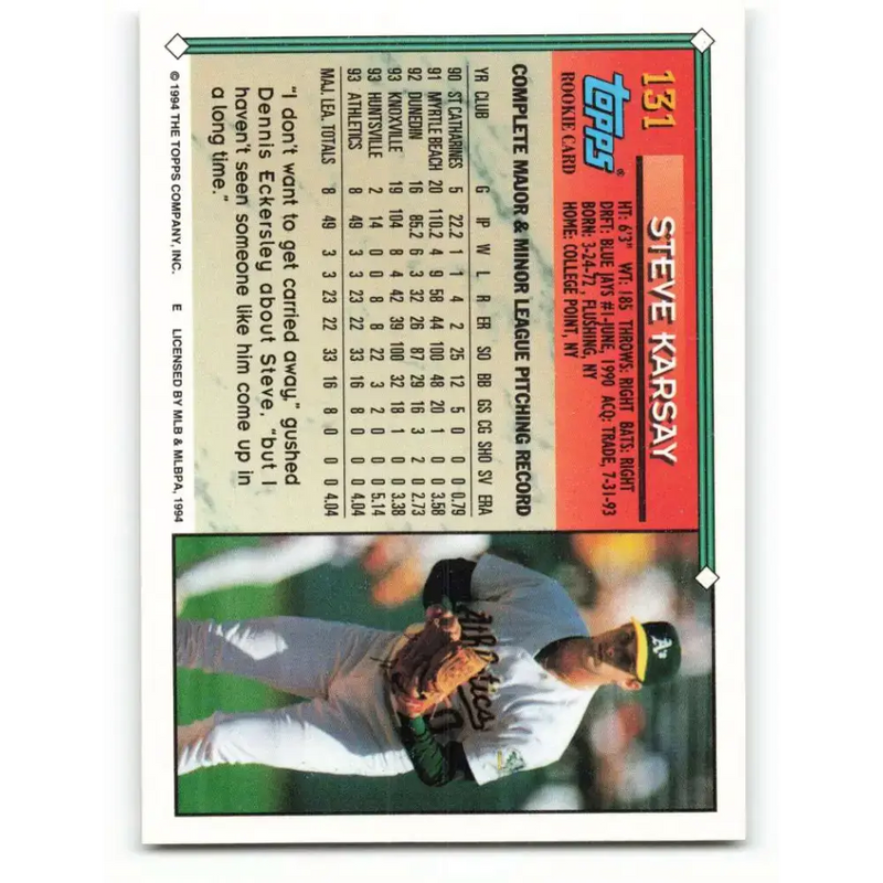 1994 Topps #131 Steve Karsay EX Excellent Oakland Athletics Baseball Card - Baseball Card Single