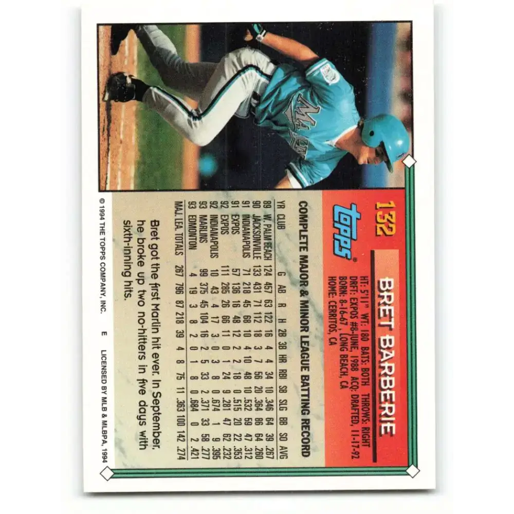 1994 Topps #132 Bret Barberie EX Excellent Florida Marlins Baseball Card - Baseball Card Single