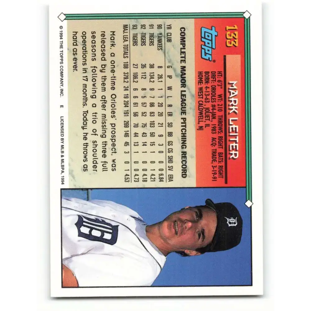1994 Topps #133 Mark Leiter EX Excellent Detroit Tigers Baseball Card - Baseball Card Single