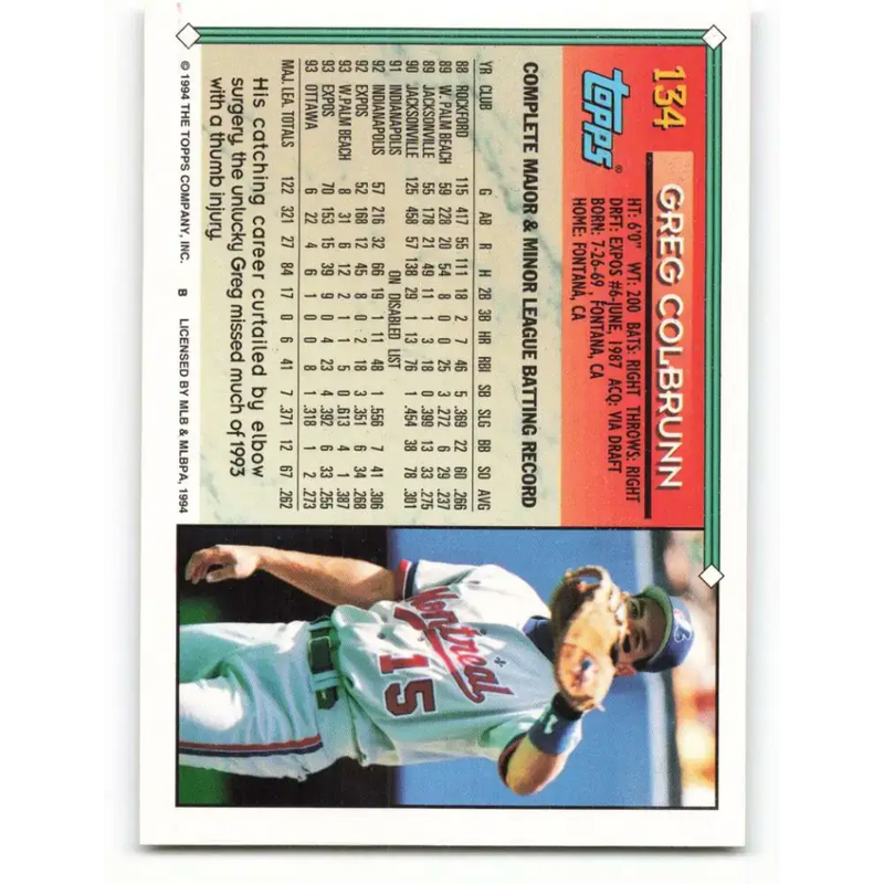 1994 Topps #134 Greg Colbrunn EX Excellent Montreal Expos Baseball Card - Baseball Card Single