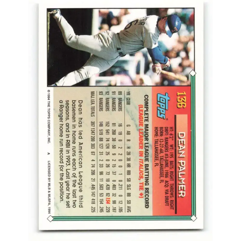 1994 Topps #136 Dean Palmer EX Excellent Texas Rangers Baseball Card - Baseball Card Single