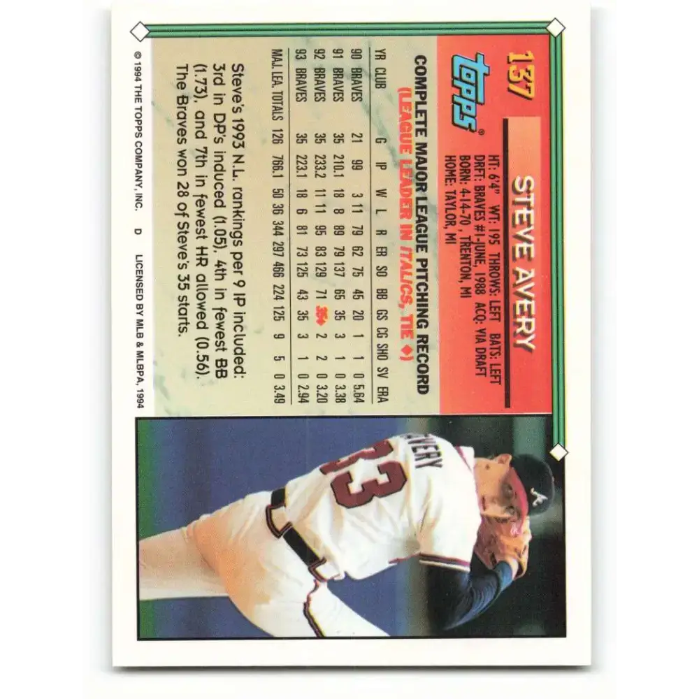 1994 Topps #137 Steve Avery EX Excellent Atlanta Braves Baseball Card - Baseball Card Single
