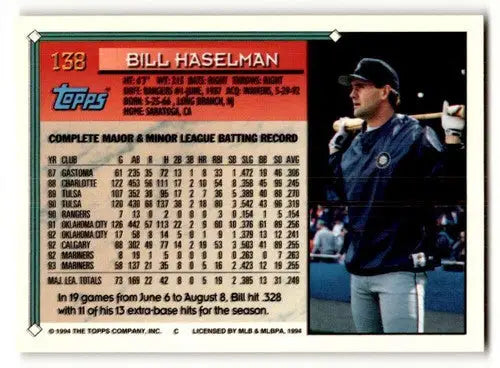 Baseball card featuring Bill Haselman with complete major and minor league batting record, 1994 Topps #138, original gloss, haselman nrmt
