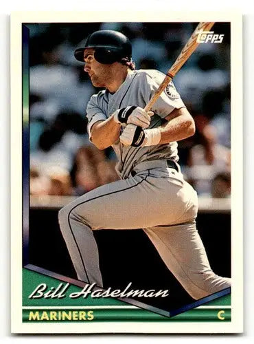 Original gloss baseball card featuring Bill Haselman in Mariners uniform from 1994 Topps #138
