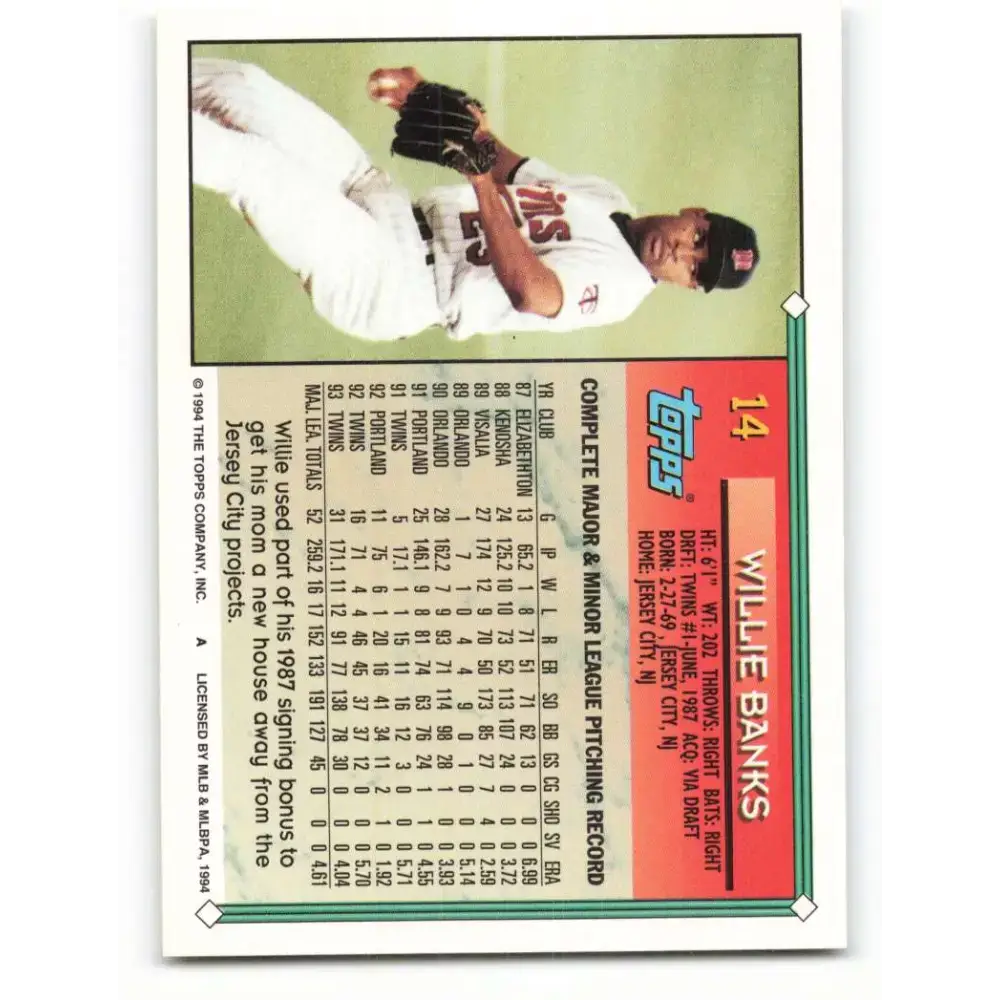 1994 Topps #14 Willie Banks EX Excellent Minnesota Twins Baseball Card - Baseball Card Single