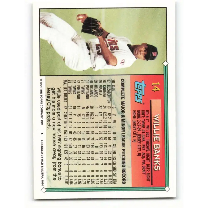 1994 Topps #14 Willie Banks EX Excellent Minnesota Twins Baseball Card - Baseball Card Single