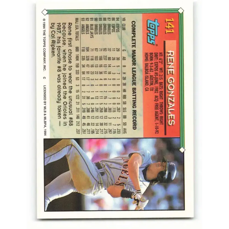 1994 Topps #141 Rene Gonzales EX Excellent California Angels Baseball Card - Baseball Card Single