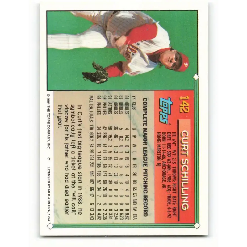 1994 Topps #142 Curt Schilling EX Excellent Philadelphia Phillies Baseball Card - Baseball Card Single