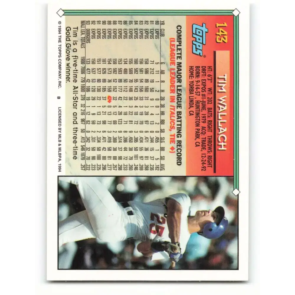 1994 Topps #143 Tim Wallach EX Excellent Los Angeles Dodgers Baseball Card - Baseball Card Single
