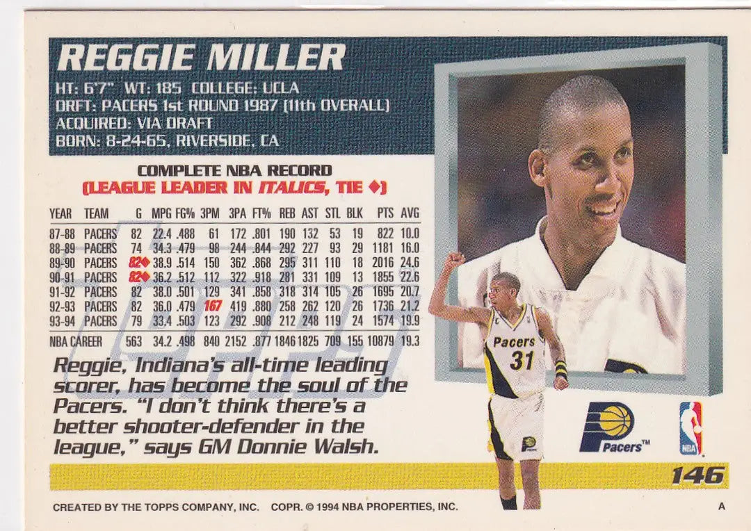 1994 TOPPS #146 REGGIE MILLER- INDIANA PACERS - Basketball Card Single