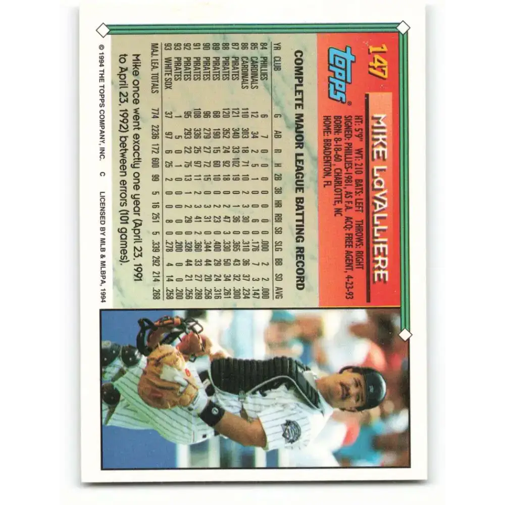 1994 Topps #147 Mike LaValliere EX Excellent Chicago White Sox Baseball Card - Baseball Card Single