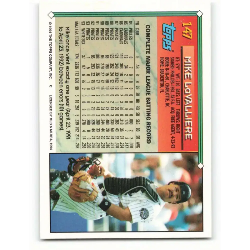 1994 Topps #147 Mike LaValliere EX Excellent Chicago White Sox Baseball Card - Baseball Card Single