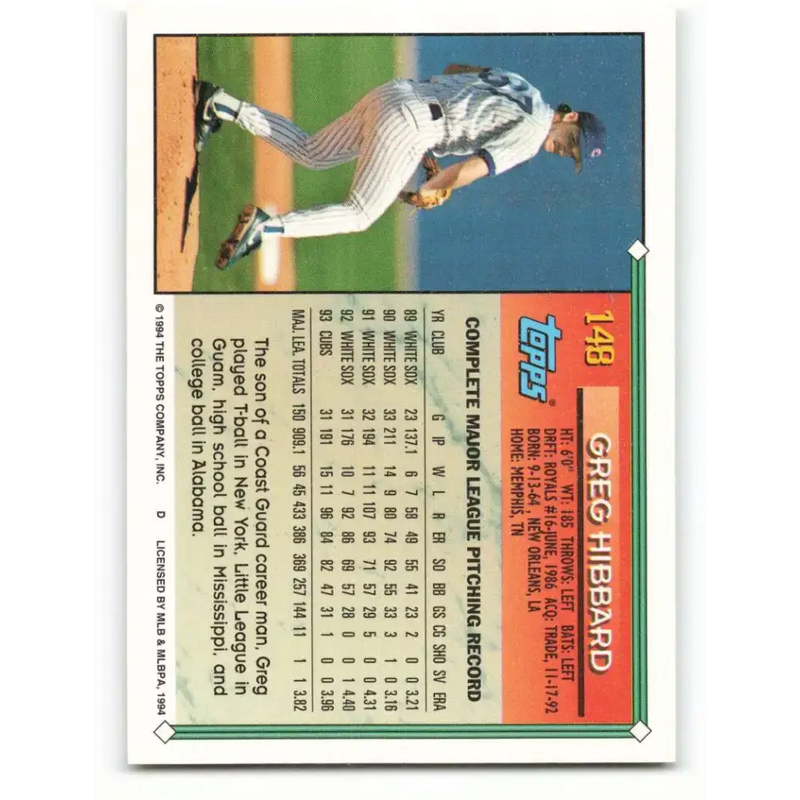 1994 Topps #148 Greg Hibbard EX Excellent Chicago Cubs Baseball Card - Baseball Card Single