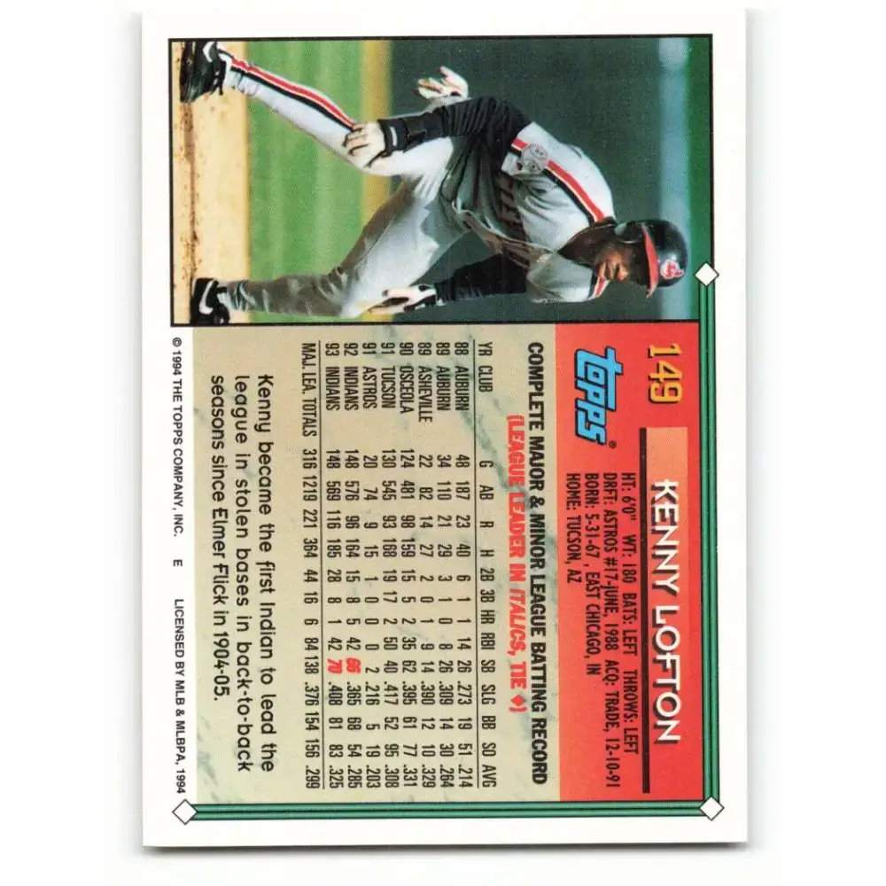 1994 Topps #149 Kenny Lofton EX Excellent Cleveland Indians Baseball Card - Baseball Card Single
