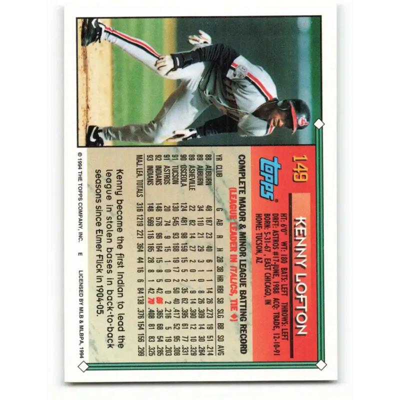 1994 Topps #149 Kenny Lofton EX Excellent Cleveland Indians Baseball Card - Baseball Card Single