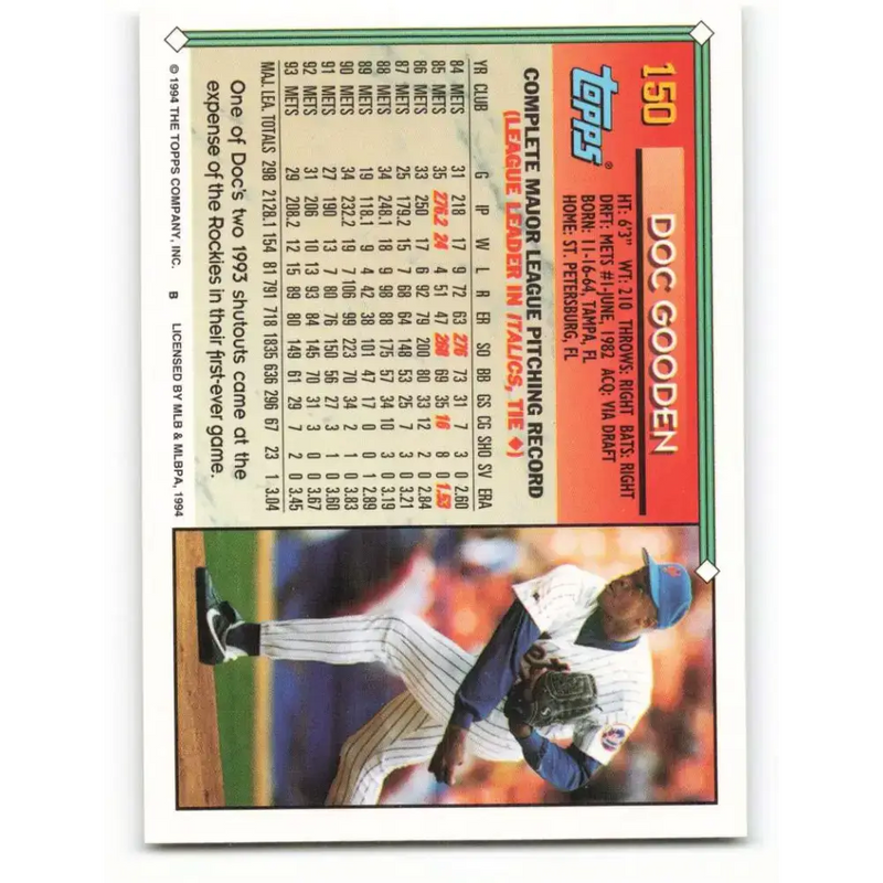1994 Topps #150 Dwight Gooden EX Excellent New York Mets Baseball Card - Baseball Card Single