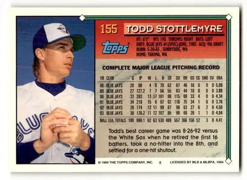 Vintage 1994 Topps Todd Stottlemyre Blue Jays baseball card with original gloss