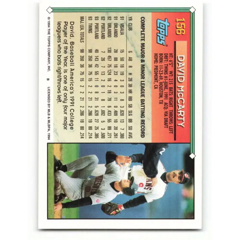 1994 Topps #156 David McCarty EX Excellent Minnesota Twins Baseball Card - Baseball Card Single