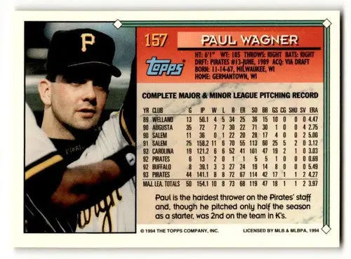 Original gloss 1994 Topps Paul Wagner Pittsburgh Pirates baseball card viewed from Wagner Pittsburgh Pirates collection