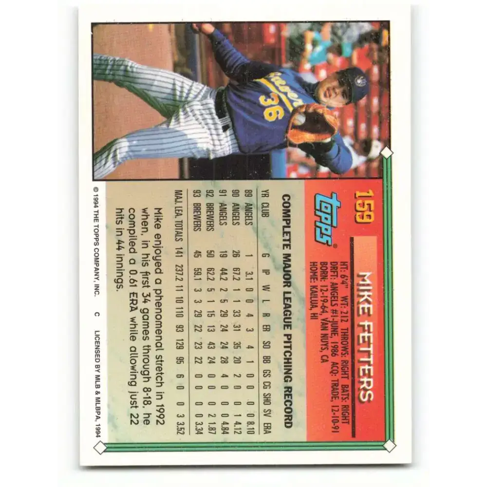 1994 Topps #159 Mike Fetters EX Excellent Milwaukee Brewers Baseball Card - Baseball Card Single