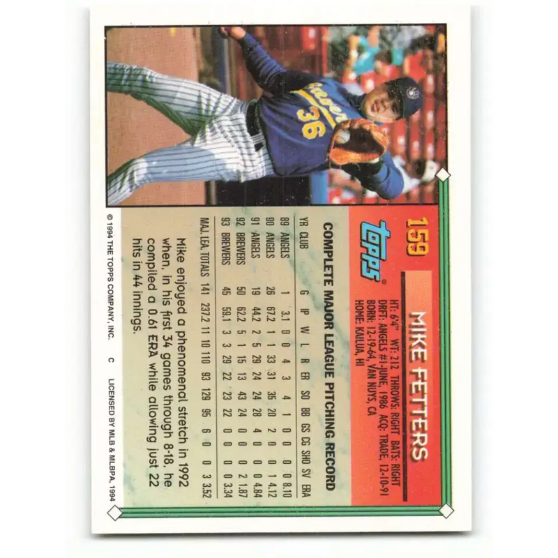 1994 Topps #159 Mike Fetters EX Excellent Milwaukee Brewers Baseball Card - Baseball Card Single