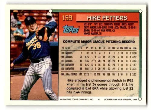 Original gloss 1994 Topps Mike Fetters NrMt baseball card featuring Milwaukee Brewers uniform