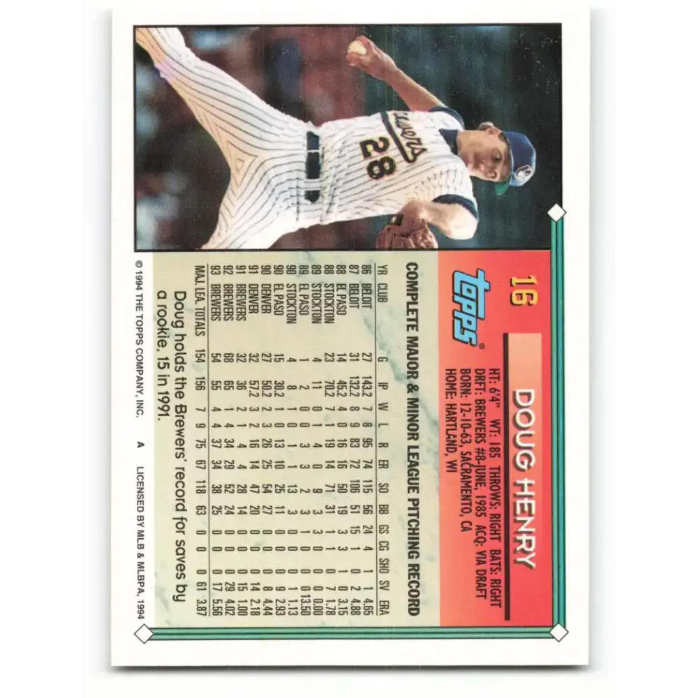 1994 Topps #16 Doug Henry EX Excellent Milwaukee Brewers Baseball Card - Baseball Card Single