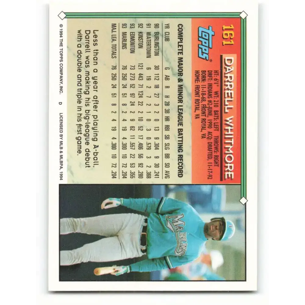 1994 Topps #161 Darrell Whitmore EX Excellent Florida Marlins Baseball Card - Baseball Card Single