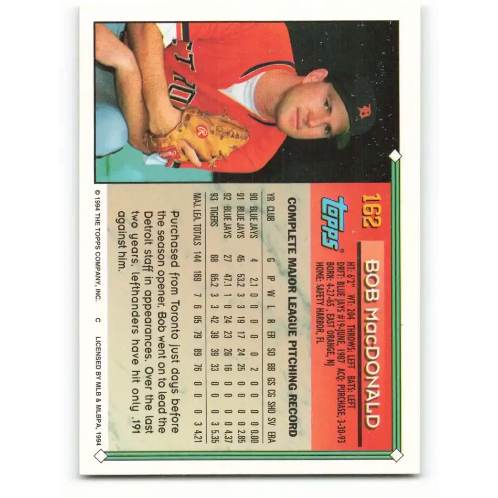 1994 Topps #162 Bob MacDonald EX Excellent Detroit Tigers Baseball Card - Baseball Card Single