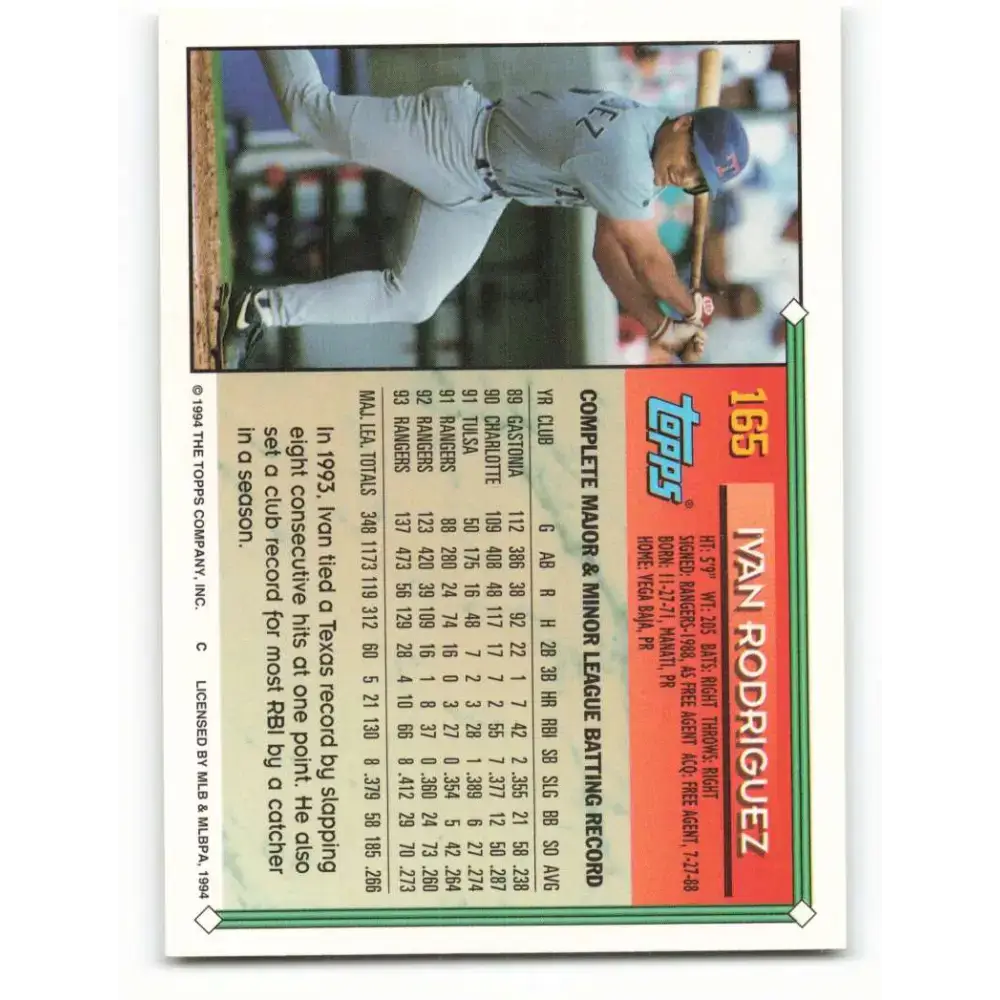 1994 Topps #165 Ivan Rodriguez EX Excellent Texas Rangers Baseball Card - Baseball Card Single