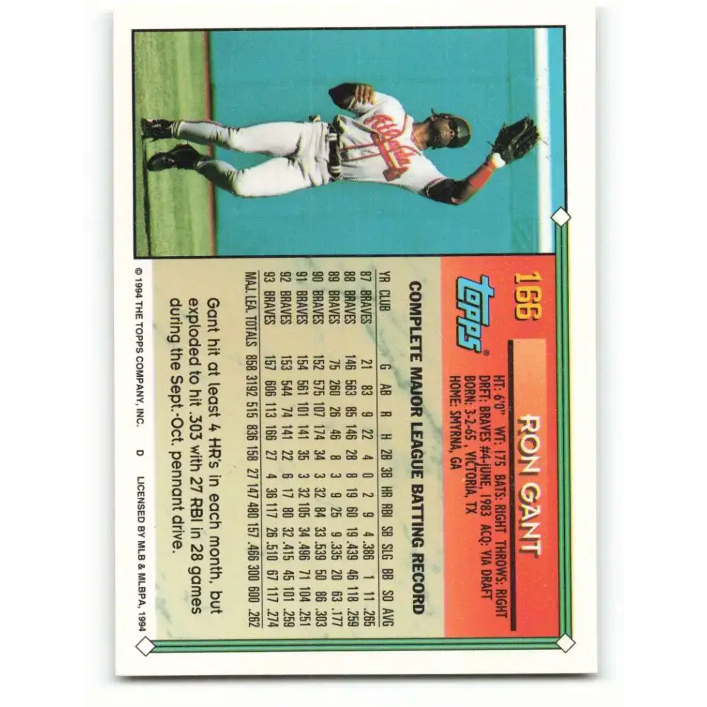 1994 Topps #166 Ron Gant EX Excellent Atlanta Braves Baseball Card - Baseball Card Single
