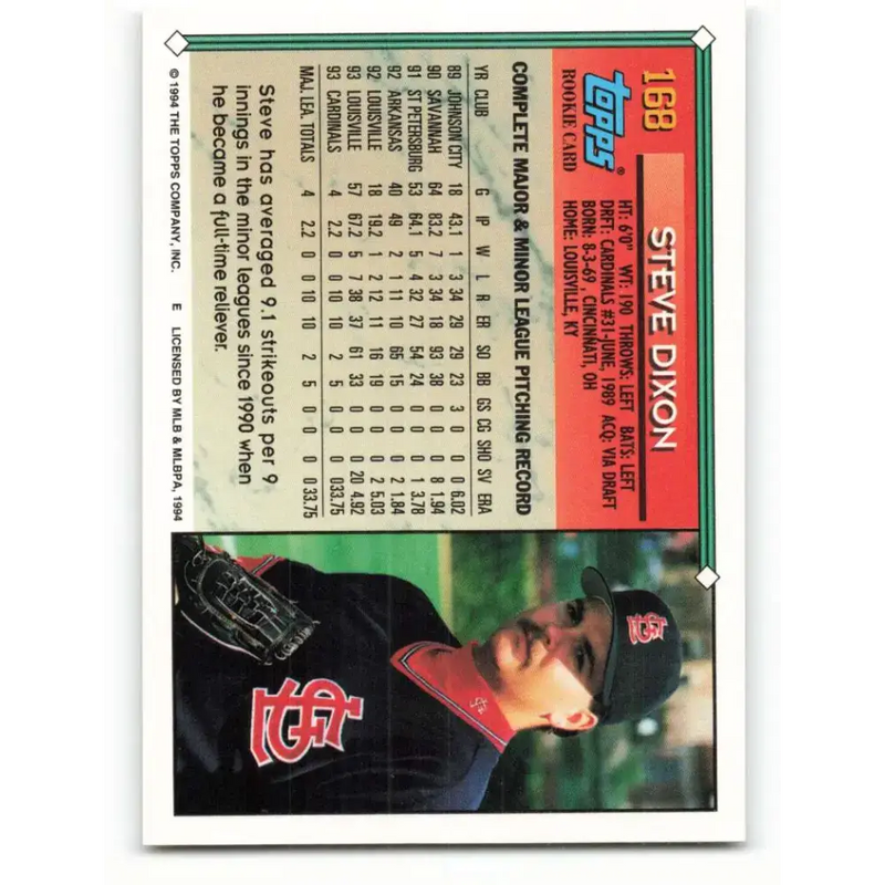 1994 Topps #168 Steve Dixon EX Excellent St. Louis Cardinals Baseball Card - Baseball Card Single