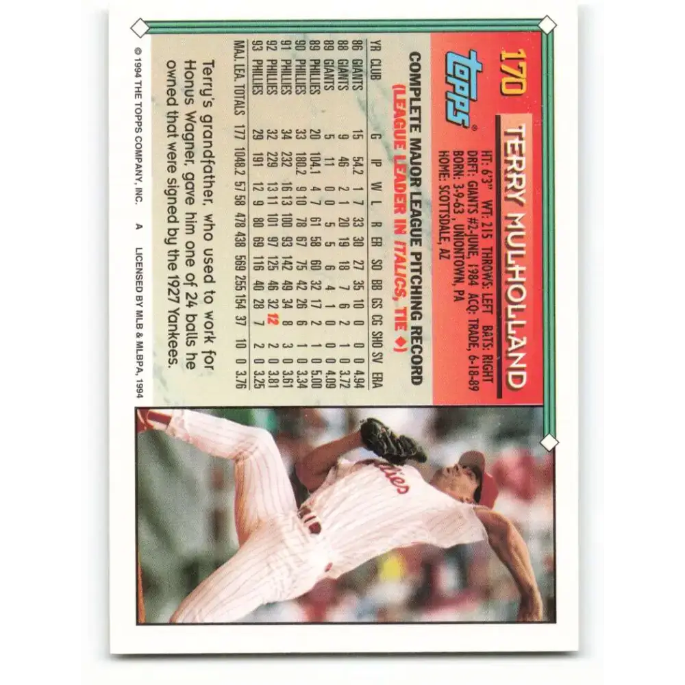 1994 Topps #170 Terry Mulholland EX Excellent Philadelphia Phillies Baseball Card - Baseball Card Single