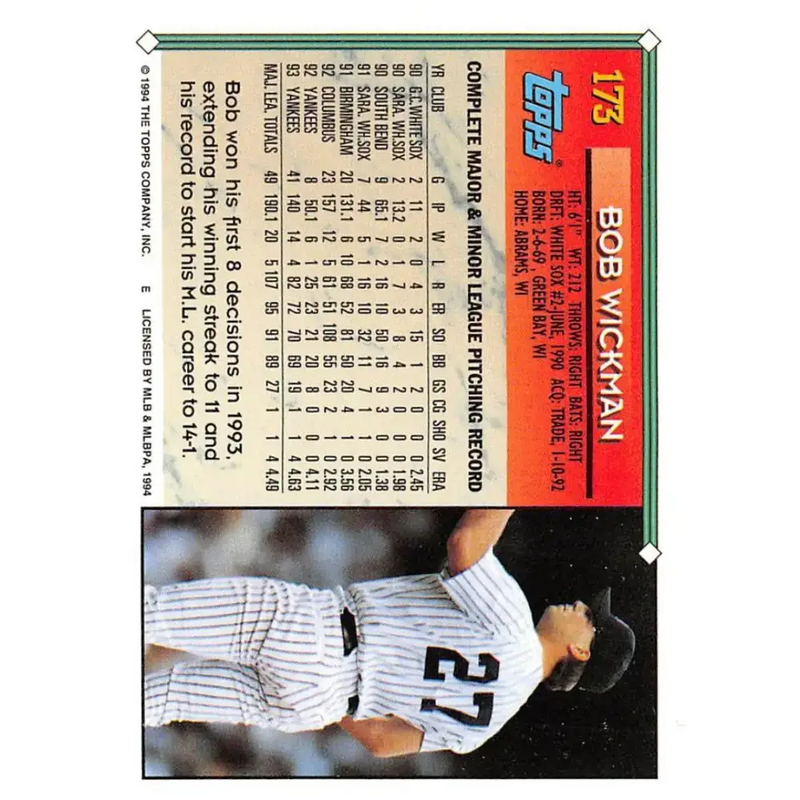 1994 Topps #173 Bob Wickman EX Excellent New York Yankees Baseball Card